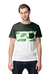 Men's floral pocket t-shirt with green leaves design and black pocket on a white base for trendy summer style.